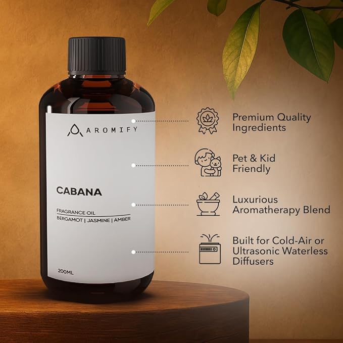 Cabana Diffuser Oil, 6.7 FL Oz, 200 mL Diffuser Fragrance Oil for Home, Spa & Office, Luxury Hotel Blend of Natural Essential Oil, Bergamot & Amber Scent.