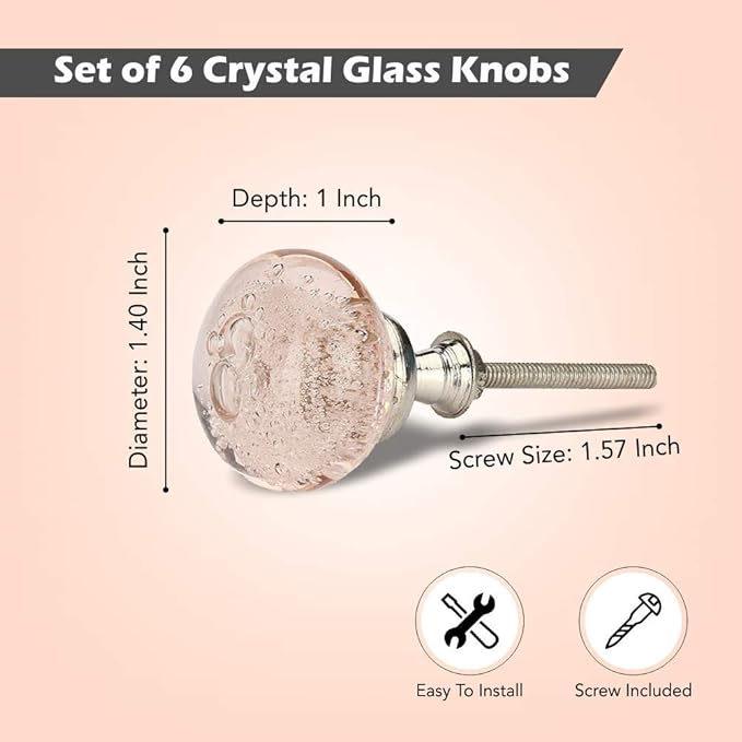 Perilla Home Set of 6 Knobs - Decorative Pink Crystal Knobs - Premium Glass Knobs for Cabinet, Drawers, Dresser, Home Decore Kitchen, Hardware Cupboard Glass Door Wardrobe and Drawer Pulls Handles