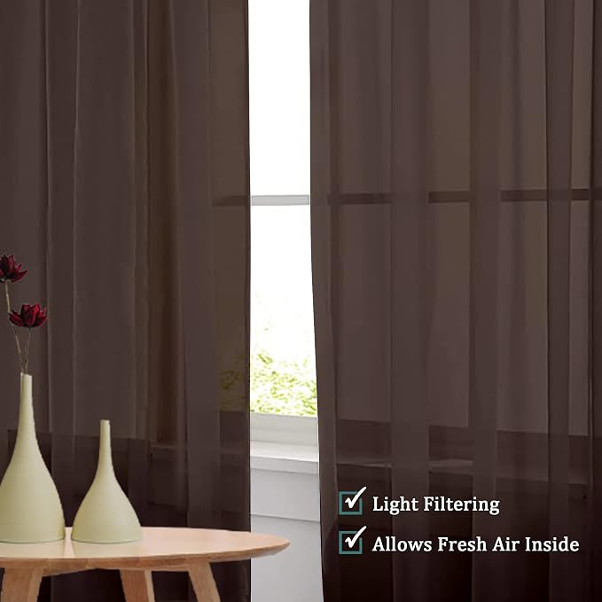 Chocolate Brown Sheer Curtains 45 Inches Long 2 Panels, Light Filtering Sheer - Image 5