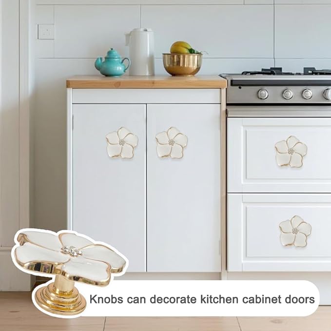 4 pcs Flower Petal Knobs,Creative Silver Flower Drawer Pulls Handles with Screws Single Hole Handle for Cabinet, Dressing ，Home Decor Handles (White)