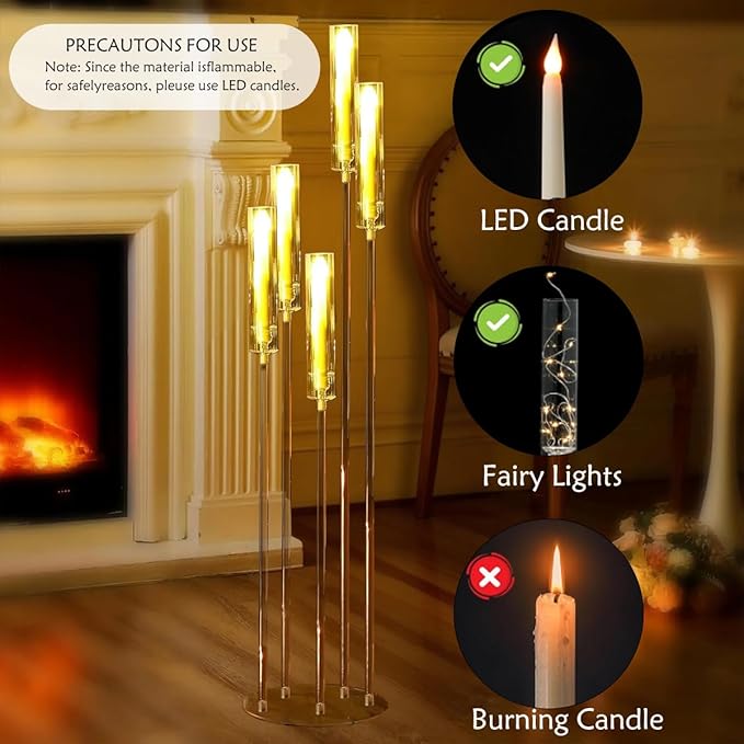 4pcs 5 Arm Acrylic Candelabra,Clear Candle Holder for Wedding,45.7inch Tall Floor Candle Holders for Ceremony Birthday Party Home Decoration Fit 0.8 LED Candles