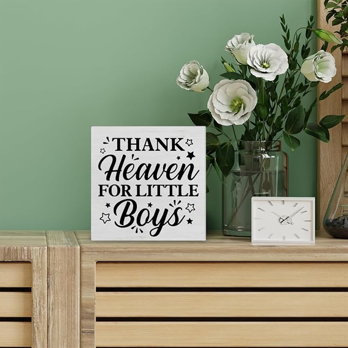 Baby Boy Nursery Decorative Wooden Box Sign Thank Heaven for Little Boys Wood Block Plaque Decor Farmhouse Home Nursery Shelf or Wall Display 5x5 Inches