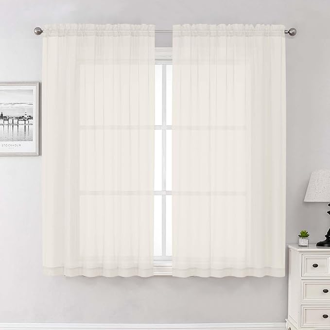 Ivory Sheer Curtains 63 Inch Length 2 Panels Set, Rod Pockets Voile Bedroom by Lecloud