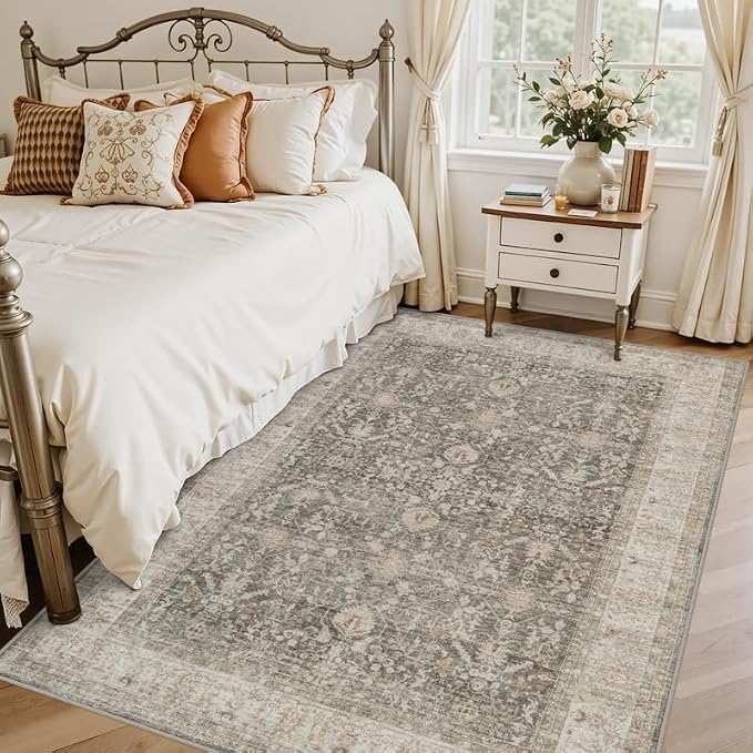 6x9 Area Rugs Living Room: Bedroom Washable Carpet Warm Taupe | Large Vintage - Image 2