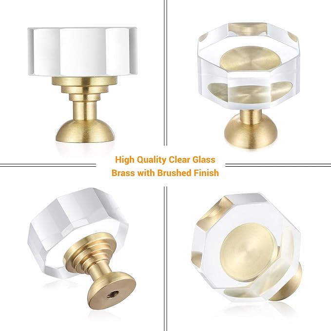 12-Pack 1-1/4-Inch Gold knob Dresser knobs White Cabinet Glass Crystal knobs Brass Drawer Polygonal Dresser Pulls, Drawer pulls