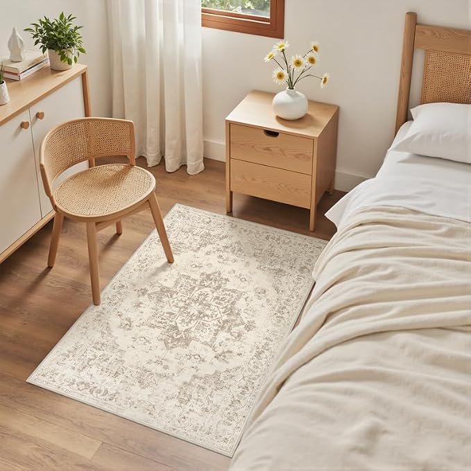 Washable Area Rugs 2x3: Living Room Bedroom Carpet Beige/Ivory | Vintage Boho - Image 4
