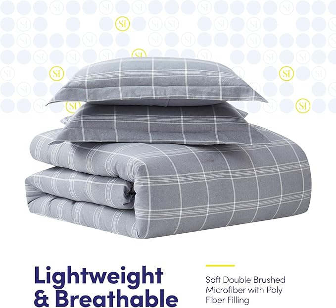 7 Piece Comforter Set Bag Solid Color All Season Soft Down Alternative Blanket & Luxurious Microfiber Bed Sheets, Queen, Gray Plaid