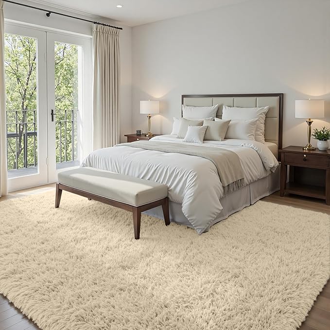 5x7 Fluffy Shag Area Rugs for Living Room Bedroom: Soft Plush Carpet Beige | - Image 3
