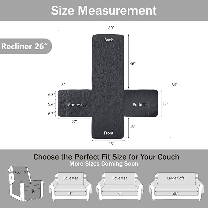 Black Recliner TV Chair Covers, Quilted Décor Water-Repellent Medium Lazy Boy - Image 6