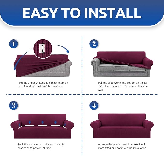 Stretch Couch Covers for Sofa, 3 Cushion Couch Slipcover, Wine | 1-Piece - Image 6
