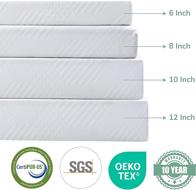 EGO White 10 Inch Full Green Tea Memory Foam, Gel Mattress Bed in a Box, CertiPUR-US Certified, Double Mattress, 54"x75", Medium Firm