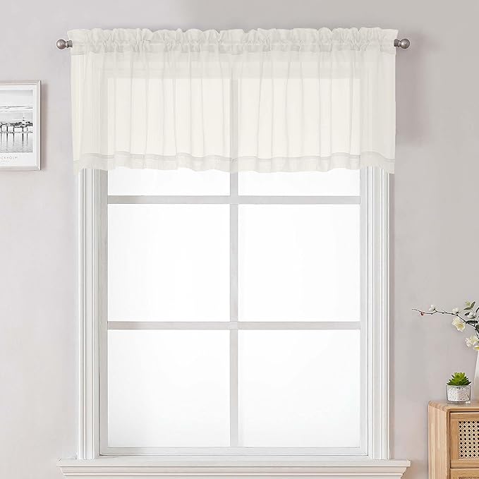 Ivory Sheer Valances for Windows 18 Inch Length 2 Pcs, Cafe Kitchen Curtains by Lecloud