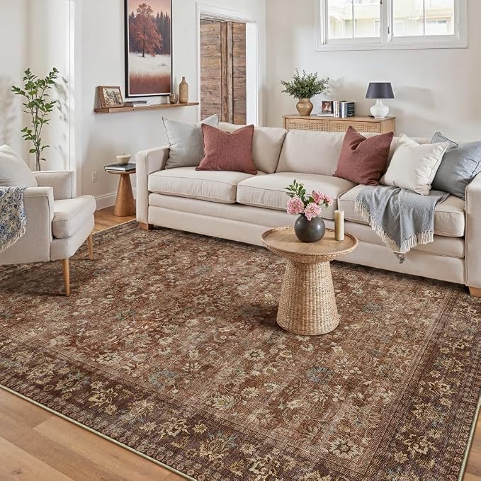 5x7 Brick Red Vintage Floral Washable Area Rug by HUGEAR