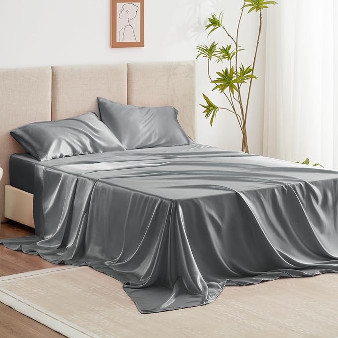 Love's cabin Full Size Satin Sheet Sets - 4 Piece Dark Grey Silky Sheet with Deep Pocket, Luxury Silk Feel Satin Bed Sheets Full Bedding Set (1 Flat Sheet,1 Fitted Sheet,2 Pillow Cases)