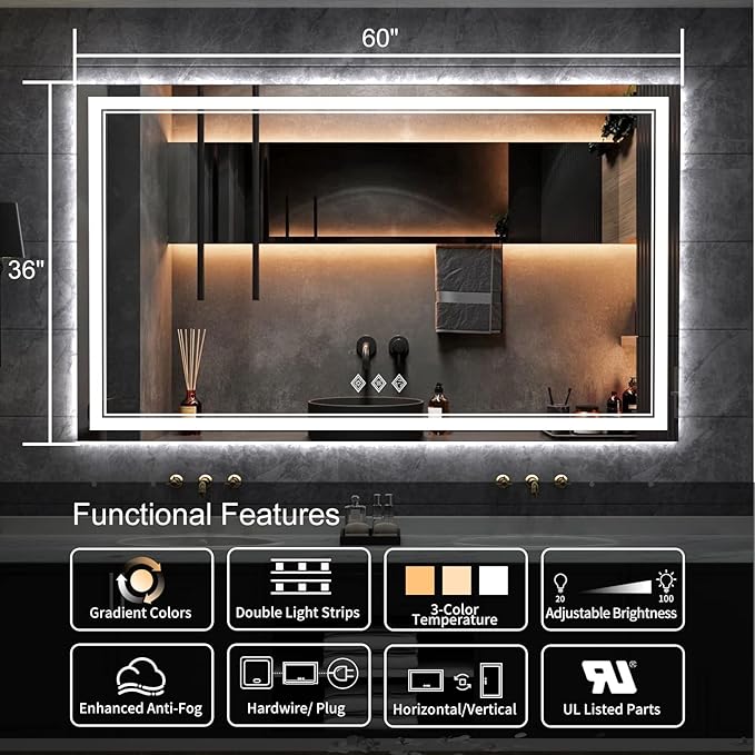 Lighted Vanity Mirror, 60x36 Inch Gradient Front and Backlit LED Mirror for Bathroom, 3 Colors Dimmable CRI>90 Double Lights, Enhanced Anti-Fog, Hanging Plates Wall Mount LED Light Mirror