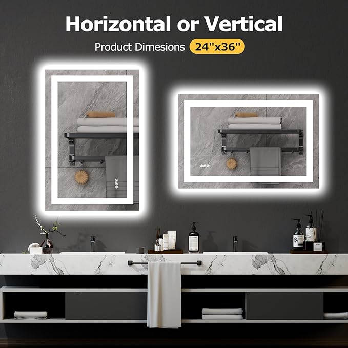 24X36 LED Bathroom Mirror with Lights, Anti-Fog, Dimmable, Backlit + Front Lit, Smart Bathroom Vanity Mirror, Memory Function, Shatterproof, Tempered Glass (Horizontal/Vertical)