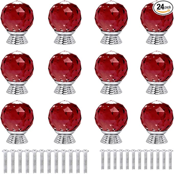 12 Pcs 30mm Round Shape Crystal Glass Cabinet Knobs with Screws Drawer Knob Pull Handle Used for Kitchen, Dresser, Door, Cupboard(Red)