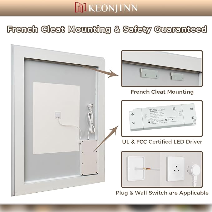 Keonjinn LED Bathroom Mirror 30 x 36 Inch with Front and Back Light, Stepless 3 Colors Temperature & Dimmable Backlit Mirror, UL Listed LED Driver, Double Lights Tempered Glass LED Wall Vanity Mirror
