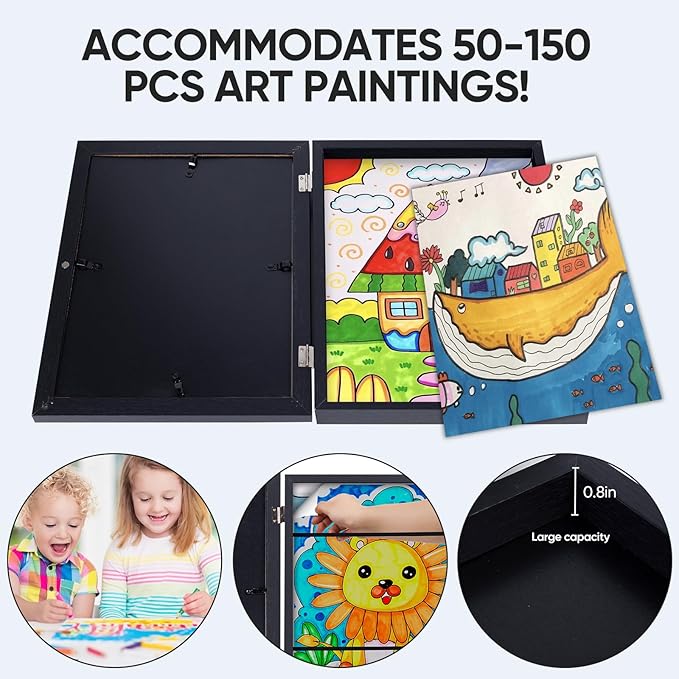 2-Pack Changeable Kids Art Frames - Front Opening, Holds 150, 10x12.5,Child Artwork Frame With Storage For Display Children's art work (Black)