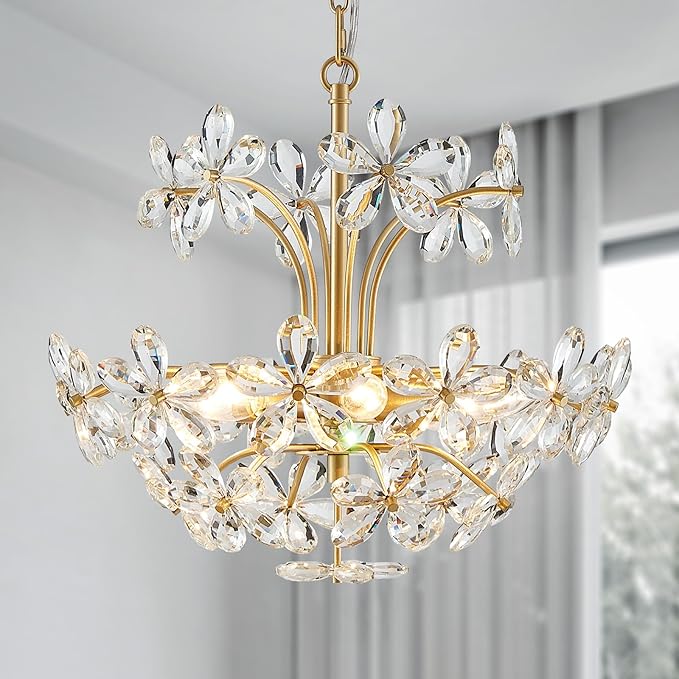 WUZUPS Crystal Chandelier Pendant Flushmount Ceiling Light Modern Lighting Fixture for Bedroom Hallway Bar Kitchen Bathroom, H 15.7" x W 17.7", Gold, E12 Base