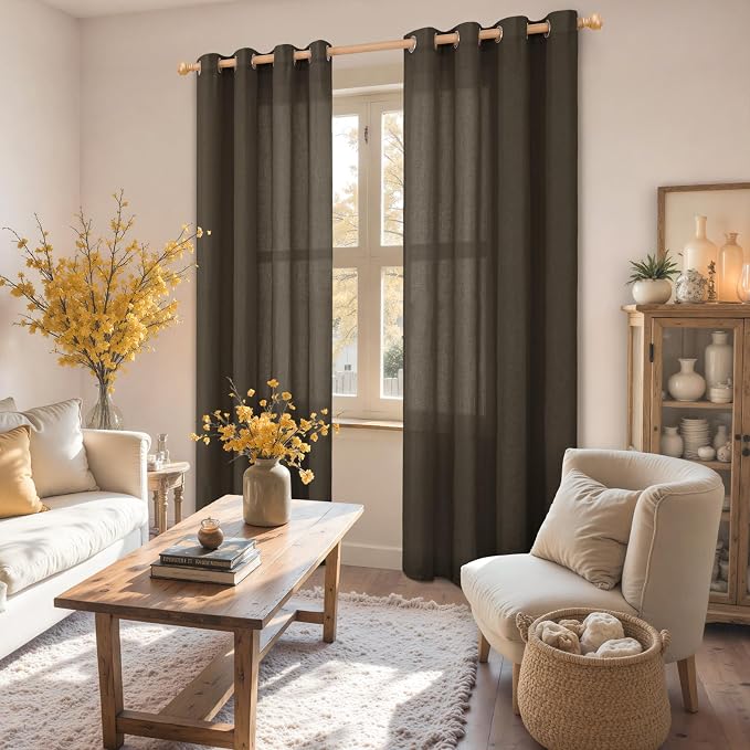 YoungsTex Brown Linen Semi Sheer Curtains 80 Inches Long - Image 2