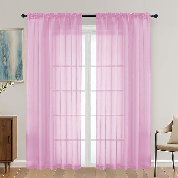 Light Pink Sheer Curtains 72 Inches Long 2 Panels Set, Light Filtering Sheer by OVZME