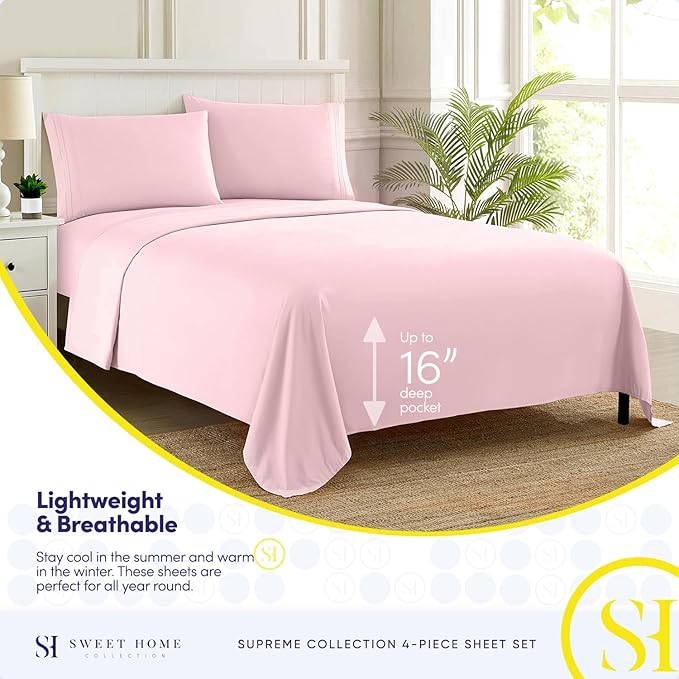RV Queen Bed Sheets - Breathable Luxury Sheets with Full Elastic & Secure Corner Straps Built In - 1800 Supreme Collection Extra Soft Deep Pocket Bedding Set, Sheet Set, RV Short Queen, Pale Pink