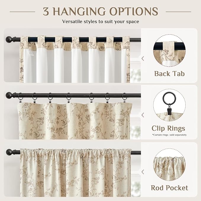 Blackout Vintage Floral Linen Curtains Taupe on Beige 50×90 2 Panels | Elisa - Image 8