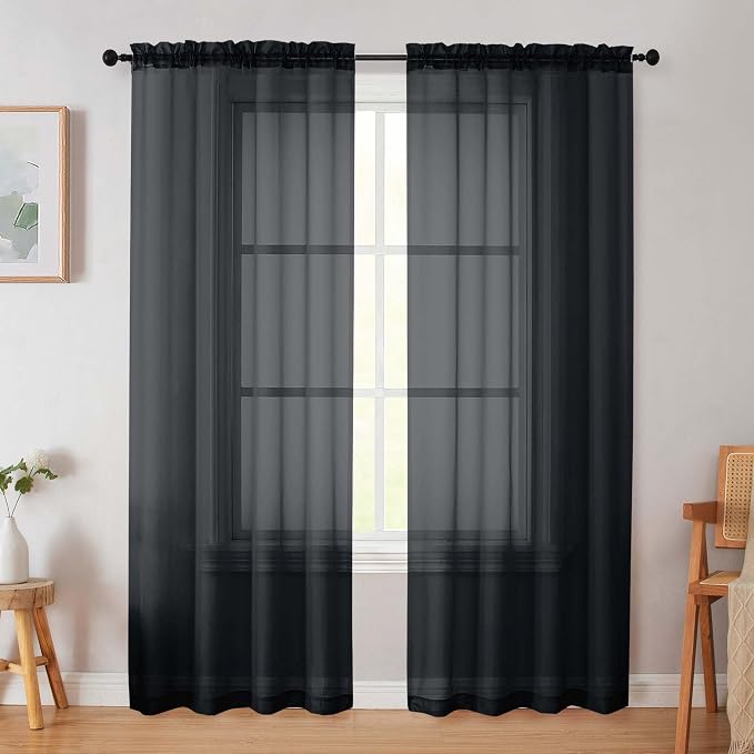 Black Sheer Curtain for Bedroom Living Room 78 Inches Long 2 Panels Set by WelvetBLK