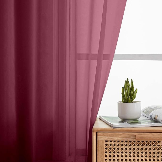 Burgundy Kitchen Curtains 30 Inch Length Tier 2 PCS, Solid Soft Airy Half - Image 6