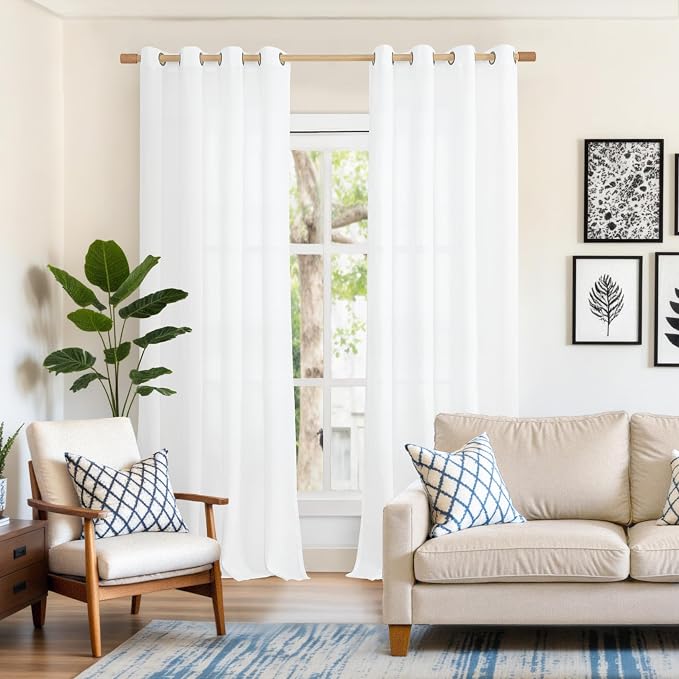Extra Long White Linen Semi Sheer Curtains 95 inch Length - Image 2