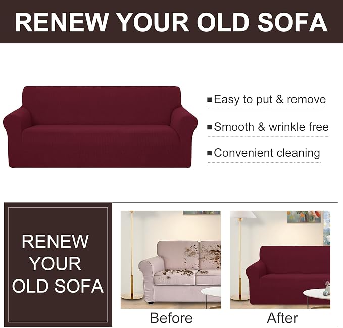 U-NICE HOME Oversized Stretch Couch Cover Slipcover, Burgundy | 3 Cushion Sofa - Image 5