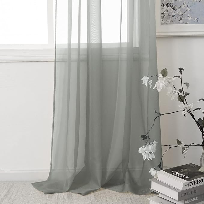 HUTO Sage Grey Sheer Window Curtains 52 by 63 Inch Length Rod Pocket Window Sheer Panels Drapes 2 Panels Curtains for Bedroom Living Room Nursery