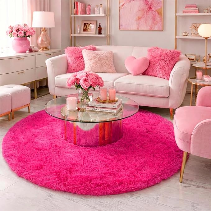 Amdrebio Hot Pink Plush Round Circle Rug 5Ft - Image 3