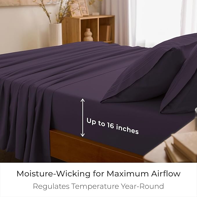 Mellanni King Sheets Set - 4 PC Iconic Collection Bedding - Hotel Luxury, Extra Soft, Cooling Bed Sheets - Wrinkle, Fade, Stain Resistant (King, Purple)