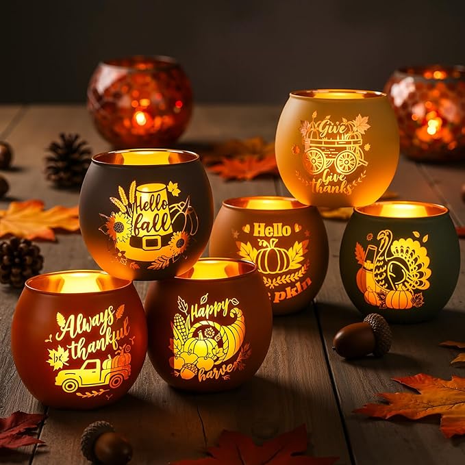 VIHOSE 6 Set Thanksgiving Votive Candle Holders with 6 LED Battery Operated Candles Fall Glass Tealight Holders Fall Table Decorations for Home Table Centerpiece Decor Gifts