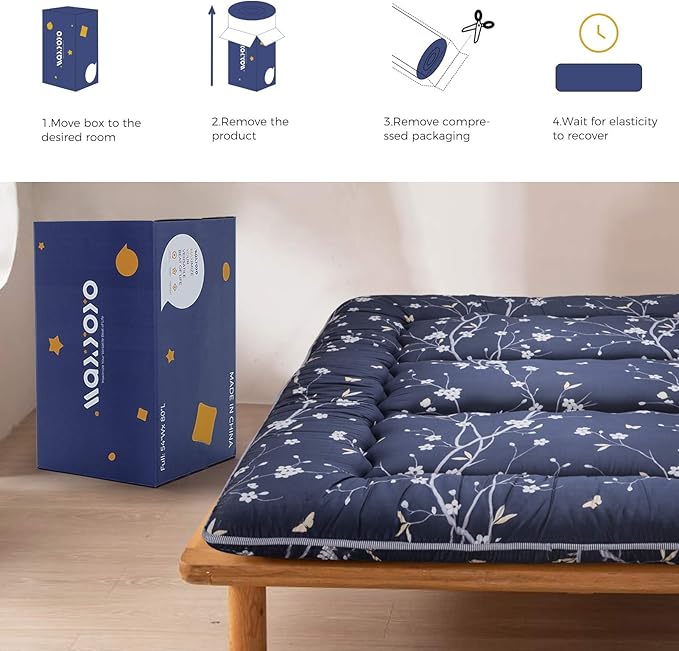 MAXYOYO Japanese Futon Mattress Floor Mattress Sleeping Pad Foldable Bed Roll Up Camping Cushion Floor Lounger Bed Couches and Sofas Couch Topper, Navy Floral, Full Size