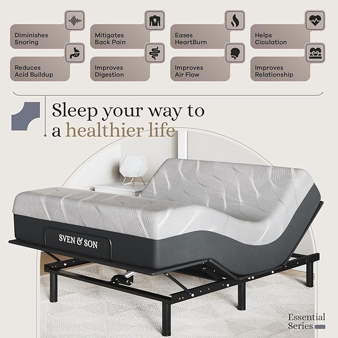Sven and Son Essential Adjustable Bed Base (Frame) + 10 inch Memory Foam Matt (Firm), Easy Assembly, Head and Foot Lift, Memory Positions, Zero Gravity, Wireless Remote - Full