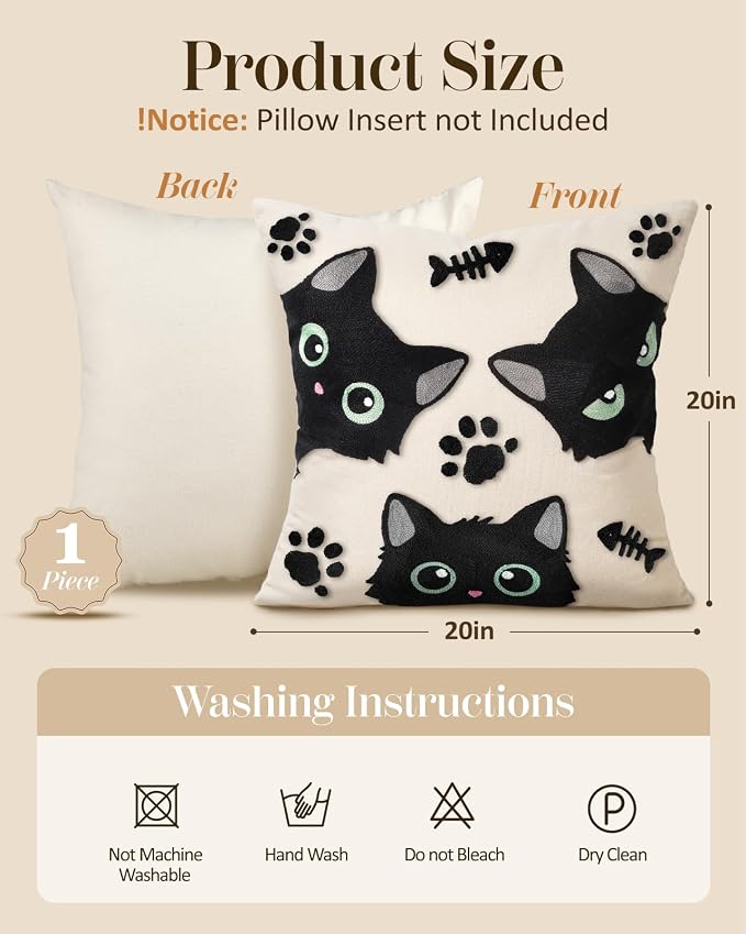 Embroidered Throw Pillow Cover 20x20 Inch, Cat Bone | Decorative Pillow Cover - Image 4