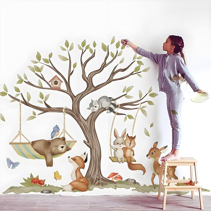 Jungle Animal Wall Stickers Big Tree Fox Sika Deer Safari Wall Decals Kid Room Nursery Baby Bedroom Décor