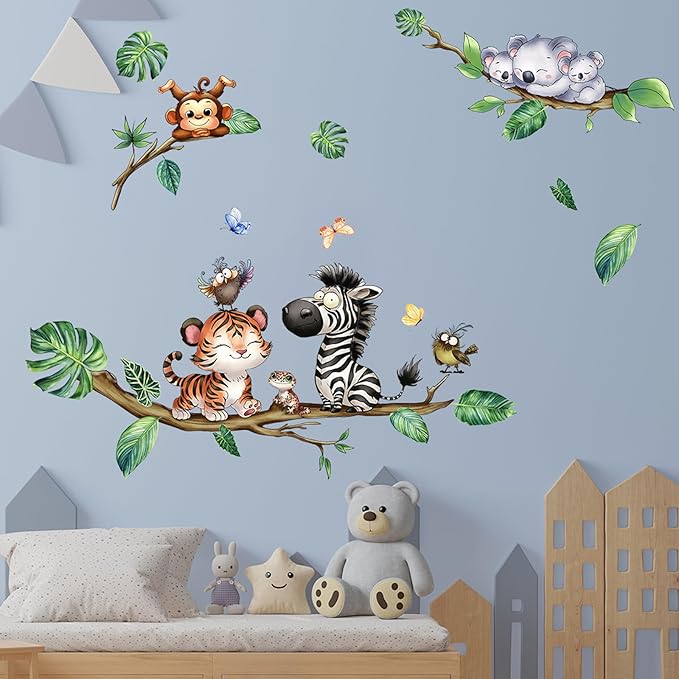 Cartoon Animal Wall Stickers Forest Safari Wall Decals Kid Room Nursery Baby Bedroom Décor (Cute Tiger Zebra)