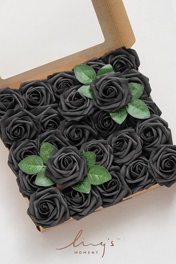 Ling's moment Artificial Flowers 25Pcs Black Roses Decor w/Stems,3" Real Touch DIY Foam Floral for Wedding Bouquet/Centerpieces, Outdoors Party Backdrop, Room/Table, and Garden/Pot Decorations