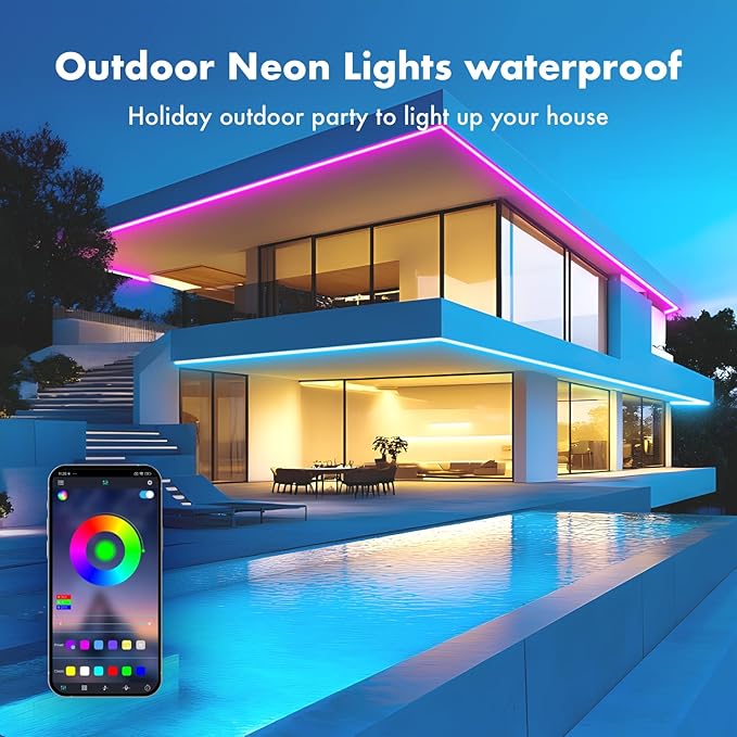 Neon Rope Lights, 19.68FT RGB Led Strip Lights, Waterproof IP67, DIY Design, Music Sync, 24 Keys Remote Control, Multiple Modes, for Living Room, Bedroom, Holiday Decoration