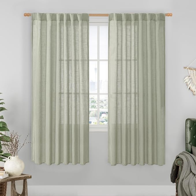 Sage Grey Linen Boho Curtains 68 inch Length 2 Panels, 52 x 68 Inch | Light by LAMIT