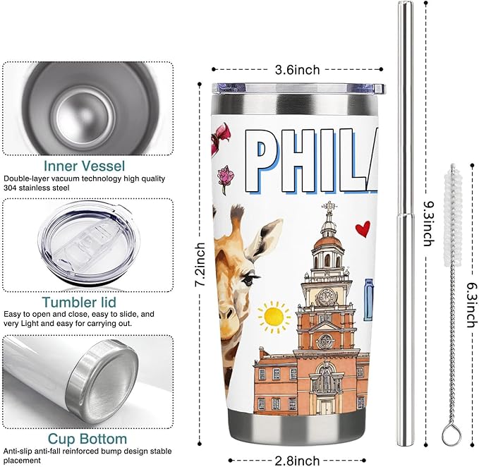 City Travel Mug for City Lover,20oz Double Wall Tumbler Vacuum Insulated Stainless Steel Coffee Cups (Philadelphia)