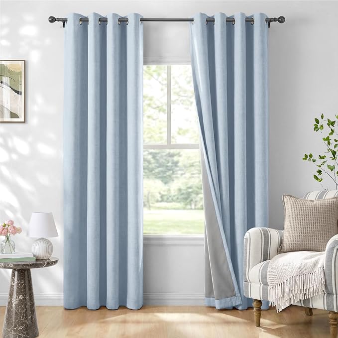 100% Blackout Linen Textured Curtains 90 Inch Long, Chambray Blue | 100% by 100BlackoutShield