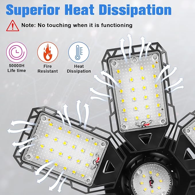LED Garage Lights 4 Pack -180W, 18000LM 6500K Led Shop Light with 6+1 Deformable Panels, Basement Barn Light Garage Ceiling Lights, E26/E27 for Garage, Warehouse, Shop, Basement