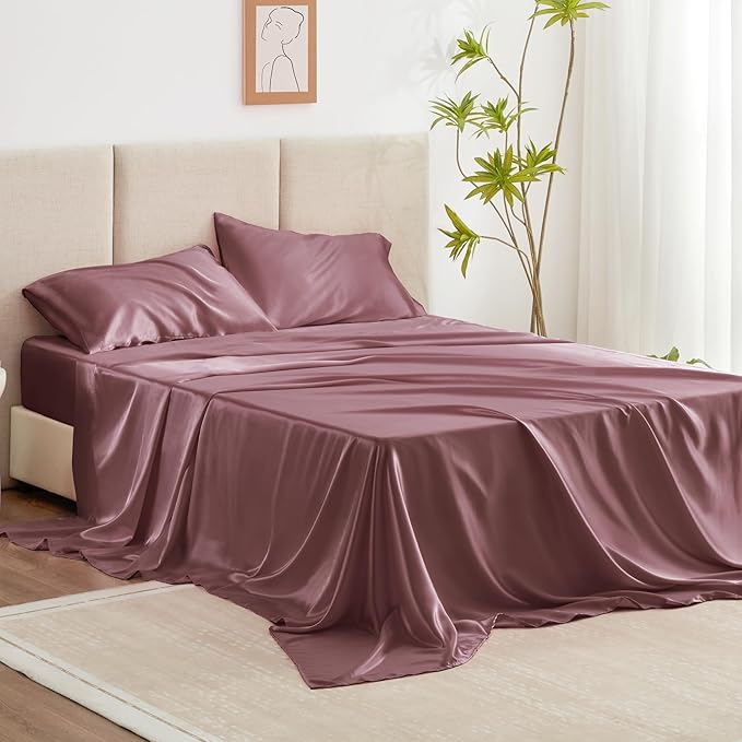 Love's cabin Twin Satin Sheets Sets - 3 Piece Rose Taupe Silky Bed Sheets with Deep Pockets, Luxury Silk Feel Satin Twin Size Sheet Set Bedding Set (1 Flat Sheet,1 Fitted Sheet,1 Pillow case)