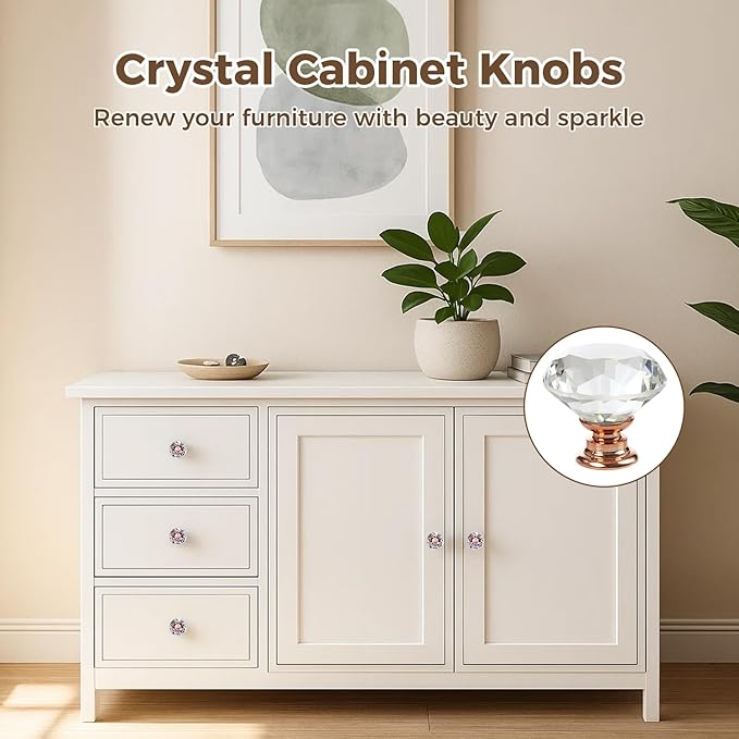 26 pcs Crystal Rose Gold Glass Drawer Pulls 30 mm Decorative Knobs for Kitchen Bathroom Cabinet, Dresser and Cupboard by DeElf