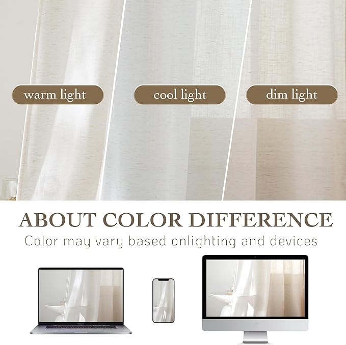 RYB HOME Sheer Curtains 108 inches Long Linen Blend Vertical Extra Long High Ceiling Window Drapes for Living Room, Office, Nursery, Rod Pocket & Back Tab, Ivory, W 52 x L 108 inch, Set of 2